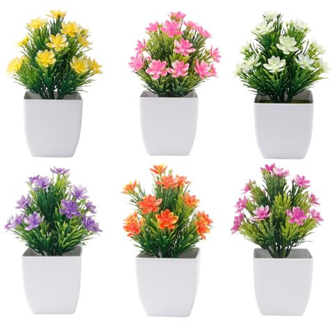 Luckwaii Small Artificial Plants Indoor with Pot 6 Pack Fake Outdoor Plant Plastic Faux Potted Flowers for UV Resistant Home Bathroom Office Table Garden Decor Table Centre Piece Decoration