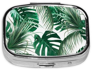 Meta Pill Box 2 scomparti per medicine con foglie di palma verde tropicale, organizer portatile