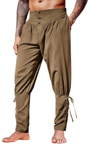 Runcati Pantalon médiéval vintage léger en lin pour homme, style Renaissance, Viking, pirate, couleur unie, baggy, loisirs, cosplay, costume