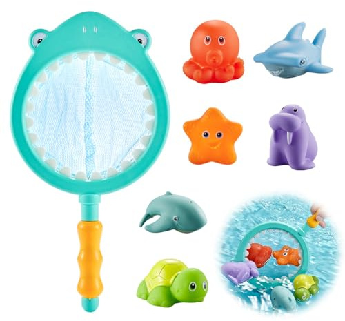 Juego de 7 Juego de baño con Red de Pesca,Juguetes baño Bebe,Juguetes de Pesca para niños Juego Flotante de Animales con Redes para Pescar en la bañera