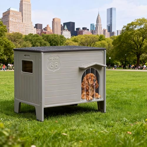 Large Outdoor Dog House Insulated Weatherproof Double HDPE Dog Shelter, Elevated Design, Easy Assemble, Expansive Interior‌ Grey 38.3 D * 26.5 W * 32.4 H