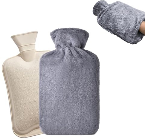 Hinapan 1 bolsa de agua caliente con funda de bolso, bolsa de agua caliente con funda de felpa suave, bolsa de agua de PVC sin BPA, calentador de cama para manos, pies y cintura, alivio del dolor, 2