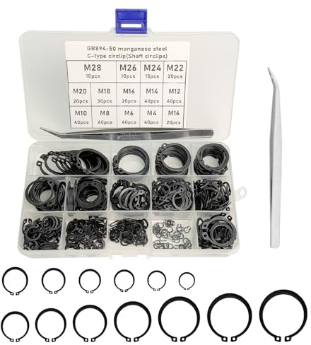YYMT Juego de 385 anillos de seguridad negros, surtido de acero al carbono, 13 tamaños M4-M28, C-Clip externo Circlip Bearing Clip Retaining Clip Snap Ring con pinzas y caja de plástico para ondas
