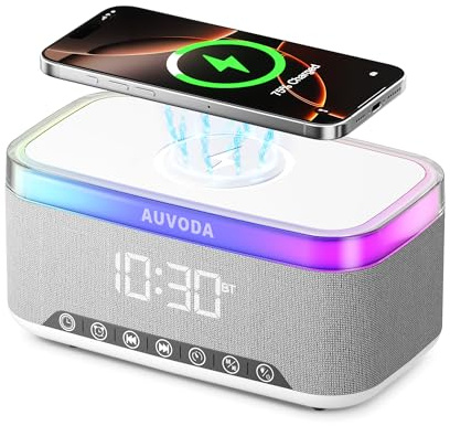 AUVODA S300 Bluetooth Speaker, Portable Speaker with 15W Wireless Charging, 13-Color Night Light, Alarm, White Noise, Radio, 16W Stereo, TWS, BT5.3, Wireless Speaker for Home Office Bedroom, White