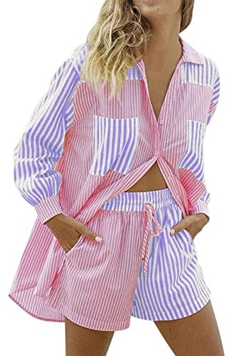 Generico Completo Casual Donna Due Pezzi Camicia a Righe e Pantaloncini(Blue, L)