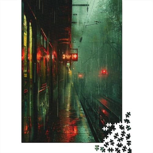 Adult 1000-Piece Jigsaw Puzzle, Rainy Night Train Station, 70x50cm/1000pcs, Easy to Pause And Continue Later; White Card Pieces for Easy Sorting