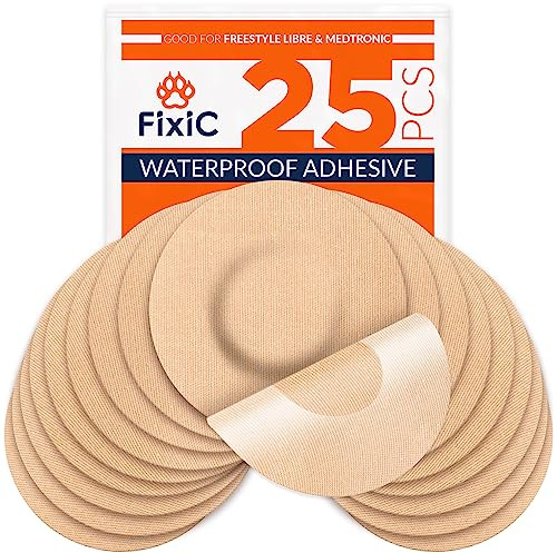 Fixic Freestyle Adhesive Patch 25 PCS – Good for Libre 1, 2, 3 & Plus – Enlite – Guardian – NO Glue in The Center of The Patch – Pre-Cut Back Paper – Long Fixation for Your Sensor! (Tan)