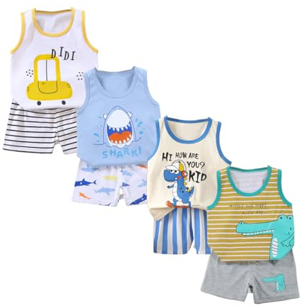 XM-Amigo 8-pack med pojkar eller bebis pojkar ärmlös t-shirt väst toppar shorts byxor kläder uppsättningar, ålder (6 månader – 5 år)
