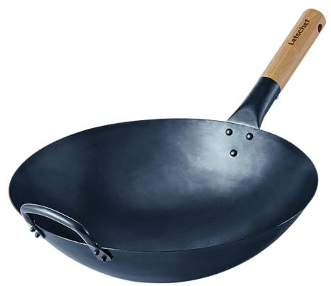 Letschef 14 inch Carbon Steel Wok with Round Bottom-Free Chemical cookware for Gas Stoves, Open Fire-Hand Hammered Chinese Traditional Wok with Bamboo Handle(No lid included)