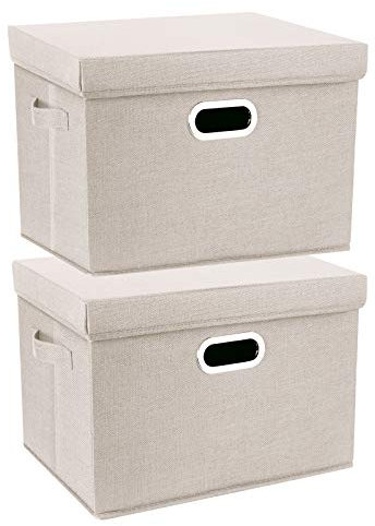 TYEERS Aufbewahrungsbox mit Deckel Groß, Stoff, Faltbare, Waschbare, Kisten Aufbewahrung mit Deckel, 44x30x29 cm, 2-Stück, Beige