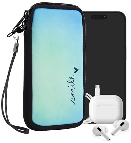 kwmobile Handytasche für Smartphones XL - 6,7/6,8 - Neopren Handy Tasche Hülle Cover Case Schutzhülle - Smile Herz Blau Türkis - 17,2 x 8,4 cm Innenmaße