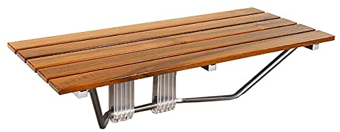 36 ADA Compliant Foldable Teak Wood Shower Seat Bench, 400lb Capacity, Clear Coated for Extra Protection, Folding Wall Mount Modern Chrome, Medical Fold Up Bathroom Stool Chair