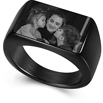 Zysta Anello Sigillo Personalizzato con Foto da Donna Uomo, Anello a Fascia Personalizzabile con Nome in Acciaio Inox, Ricordo Regalo Compleanno Natale Festa del Papà Mamma (Foto Rettangola 19,7)