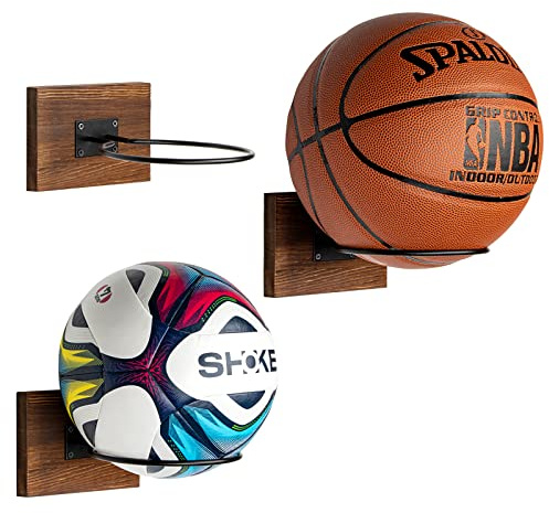 PUERSI Soporte Balones Pared de Montaje, Soporte Pelotas Pared Madera de Baloncesto Futbol Voleibol, Marron Rustico
