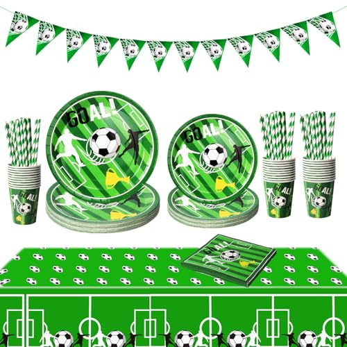 PYAILI Decorazioni per feste di calcio per 20 ospiti, set da tavola include piatti di carta da calcio, per tema sportivo festa di compleanno, baby shower decorazioni per feste