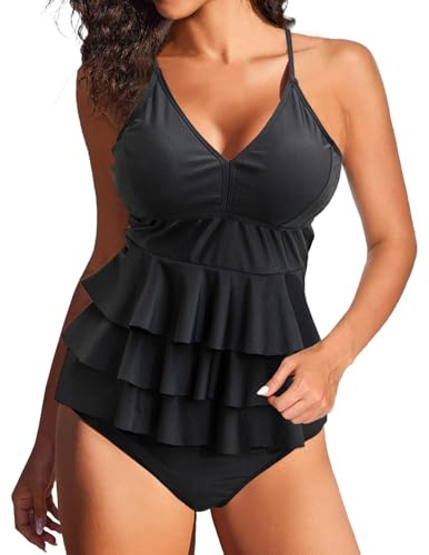 JFAN Tankini Donna Mare Costume da Bagno 2 Pezzi Scollo a V Bikini Multi Ruffle Spaghetti Coordinati da Bikini per Donna Nero M