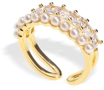 Sonateomber Gold Pearl CZ Adjustable Statement Stackable Ring for Women, Trendy Rhinestone Open Stacking Ring Prom Wedding Finger Jewelry Gift
