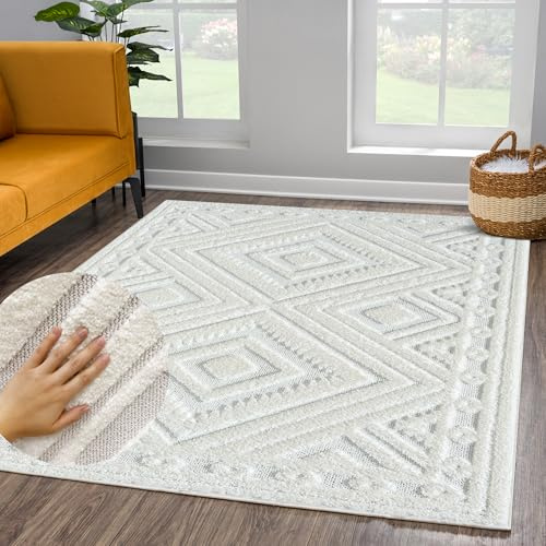 payé Matta vardagsrum hög lugg – 200 x 290 cm – enfärgad – pastellkräm – boho – modernt romb mönster – skandinavisk fluffig mjuk – sovrum