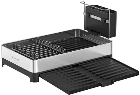 SONGMICS Dish Drainer Rack, Expandable Dish Drying Rack, Stainless Steel Kitchen Dish Rack with Utensil Holder, Rustproof, for Dishes, Knives, Spoons, Forks, Silver and Black KCS035B01