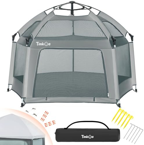 Laufstall Baby Faltbar mit UV50+ Geschütztes Vordach, Timkos Pop-up Laufstall mit 300D Oxford Mesh, Sicherheitsschloss, Reisetasche, für Haus,Garten,Strand Outdoor (Grau)
