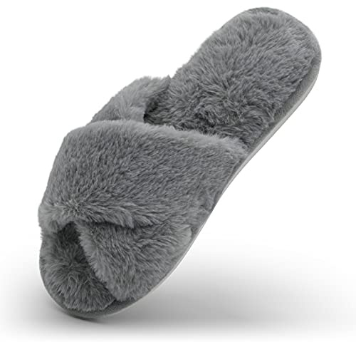 Comlax Women Cross Band Fluffy Slippers, Furry Memory Foam Open Toe Soft Cozy Plush Fluffy Slipper for Lady's Home Indoor Outdoor Slip On
