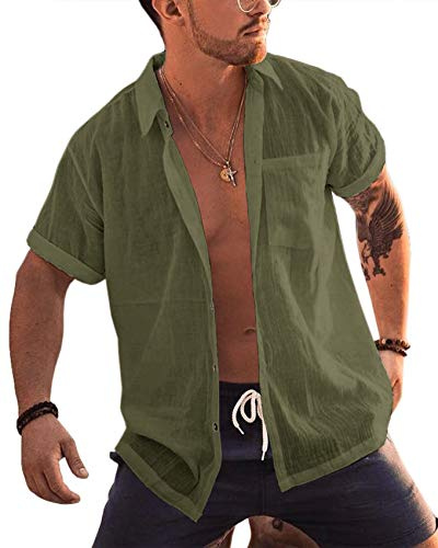 Runcati Camicia da uomo a maniche corte, camicia da spiaggia in cotone e lino, colletto rovesciato, camicia estiva, camicie casual per uomo, verde, XL