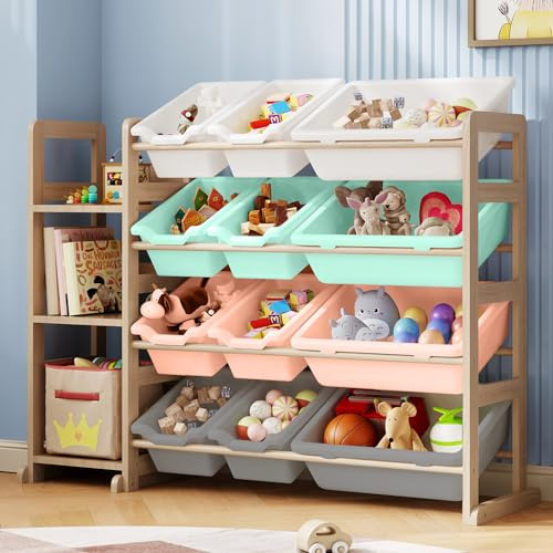 Toy Storage Organizer - Toy Organizers and Storage with Bookshelf, Toy Storage Shelf with 3 Shelves and 12 Storage Bins, Kids Bookshelf and Toy Storage for Kids Room, Playroom, Nursery, Multi color