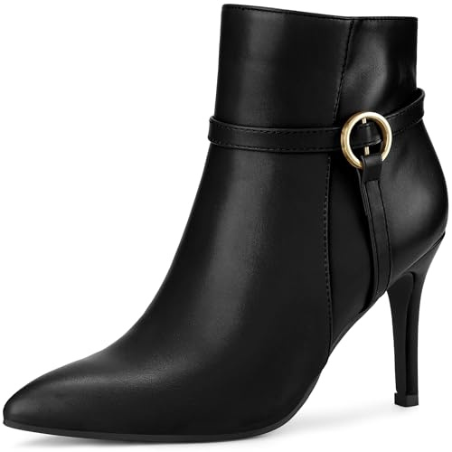 Perphy Women Faux Leather Pointed Toe Strappy Stiletto Heel Ankle Boots | 3.7'' Heel Height. Buckle Strap Detail. Pointed Toe. Stiletto Heel. Suitable for Party, Wedding, Office, Daily Wear