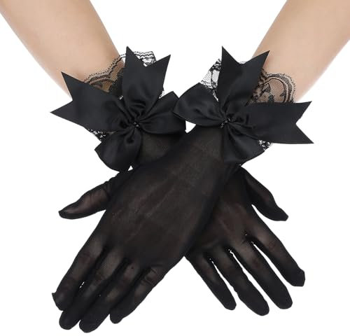 Yuanchu Damen Net Handschuhe mit Schleife,Abgeschnitten Spitzen Handschuhe Schwarz Handschuhe Elegante Braut Handschuhe Etikette Handaccessoires für Weihnachten Hochzeit Party Teeparty Abschlussball