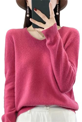 Womens 100% Merino Wool V Neck Sweater Long Sleeve Basic Jumper Lightweight Knitwear Tops Raspberry Red S