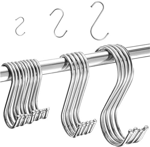 PXBSNB 20 Stück S Haken Edelstahl, Haken zum Einhängen 3 Verschiedene Größen, Multipopused Küchenhaken, Edelstahl Hängehaken, S Haken Silbrig Kleiderhaken für Küche Badezimmer Schlafzimmer Büro