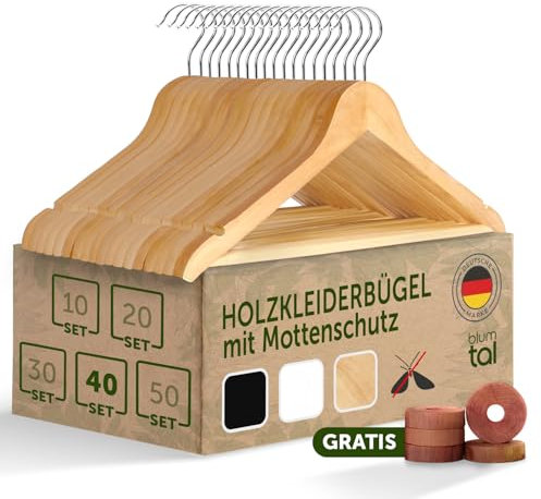 Blumtal Kleiderbügel Holz 40er Set - Holzbügel mit 360° drehbarem Metallhaken - Bügel aus robustem Holz mit Zedernholz Mottenschutz - Holzkleiderbügel mit Anti-Rutsch-Schicht & Einkerbungen - Hangers