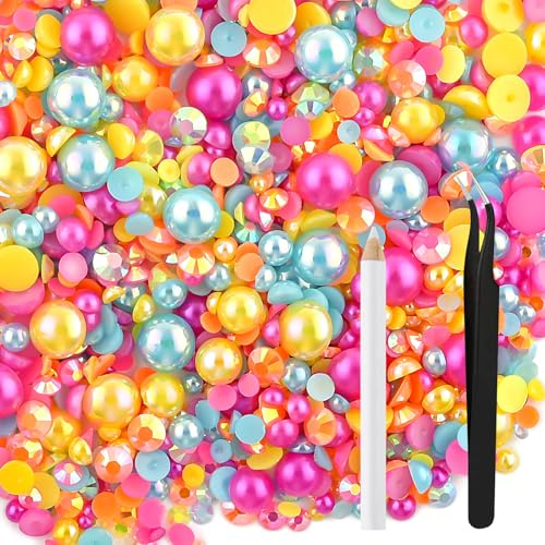 NACHLYNN Mezcla de perlas y diamantes de imitación para manualidades, diamantes de imitación de parte trasera plana, media redonda, tamaño mixto, 3 mm-10 mm, perlas planas para manualidades