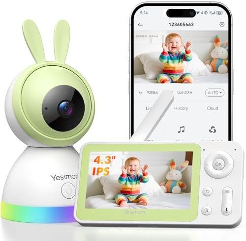 YESIMOM Babyphone mit Kamera 1080P HD PTZ 360°, 4.3 WLAN Baby Monitor mit App, IR Nachtsicht, 4X Zoom, Video Babyfon mit Bewegungs-/Geräuscherkennung, 2-Wege-Audio, Auto-Tracking, Bereichsalarme