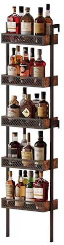 Unionly 5-Tier Liquor Stand for Home Bar，Freestanding Wine Racks for Wall,Wines Bottle Holder Display Shelf with Fences,Liquor Storage for Kitchen, Dining Room, Bar (Rustic Brown)