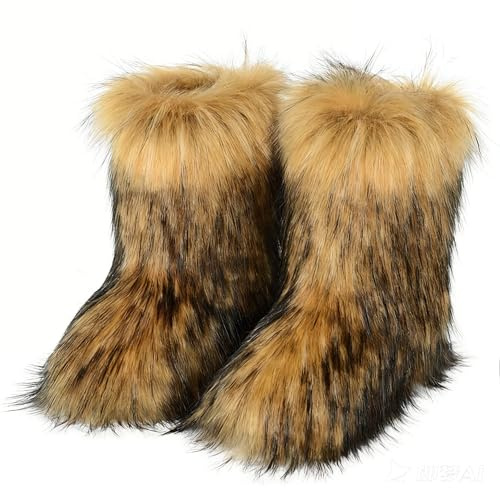 GANGYIMUNE Faux Fur Boots for Women,Winter Furry Fuzzy Mid Calf Black Brown Snow Boots for Women Fur Lined Short Fluffy Boots y2k (brown, 9)
