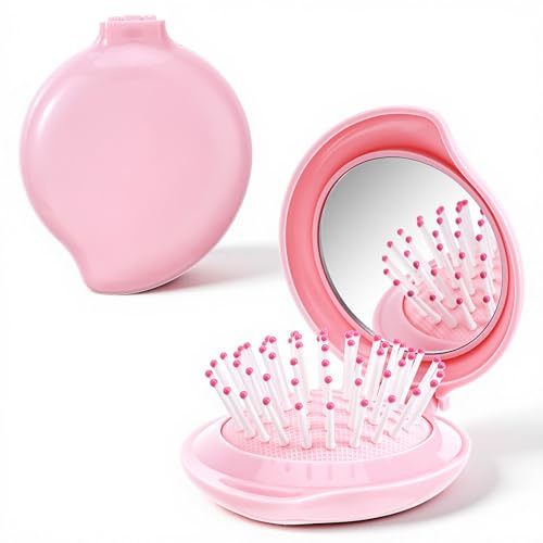 Mini Hair Brush with Mirror, Compact Travel Folding Hair Brushes for Purse, Pocket Brush Round Travel Hairbrush for Women Gifts Wet and Dry Hairs (Pink)
