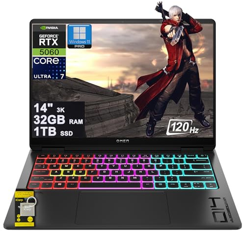 HP Omen Transcend 14 Gaming AI Laptop 14 3k OLED 120Hz (100% DCI-P3, HDR 500nits) Intel 16-core Ultra 7 255H 32GB RAM 1TB SSD GeForce RTX 5060 (Up to 572 AI Tops) RGB Backlit HyperX Win11Pro ICP Hub