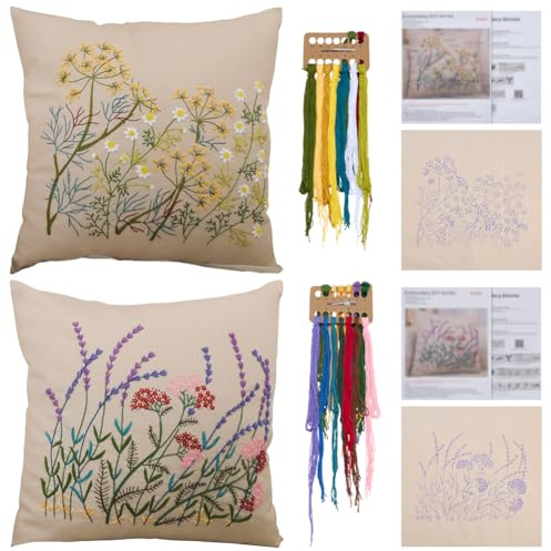 WEBEEDY 2 Set Stickkissen Set Komplettes DIY Kissenbezug Set Mit Vorbedruckten Floralen Kissenbezügen Stickgarne Nadeln & Anleitung Für Heimdekoration 42x42cm