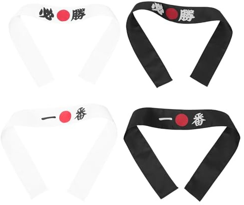 PRETYZOOM Lot de 4 Bandeaux Ninja Antidérapants en Tissu Épais pour Karaté, la Cuisine et Sushi – Couvre-Chefs Japonerie Hachimaki Noirs et Blancs – Accessoires Sportifs et Costume