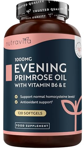 Nutravita Olio di Enotera 1000 mg con Vitamina E & B6 – 120 Capsule Molli ad Alta Potenza – Ricca Fonte di Omega 6 e GLA - Contribuisce al Mantenimento della Pelle Normale