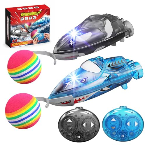 Bateau Télécommandé Enfant Lot de 2, Mini Bateau RC avec Lumières Clignotantes, Jeu avec Balle en Mousse, Rotation 360° & 2 Vitesses, Piscine Gonflable Incluse, Jouet Aquatique Cadeau Garçon Fille
