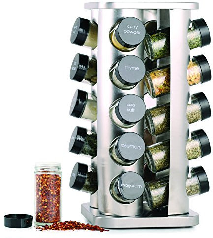 Orii 20 Jar Spice Rack with Spices Included - Revolving Tower Organizer for Kitchen Spices and Seasonings, (Stainless Steel)
