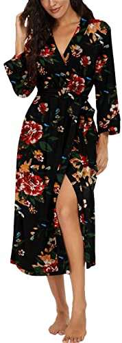PrinStory Dammorgonrock, lätt 3/4 ärmar, morgonrock, v-ringad, kimono, kläder, långa nattkläder