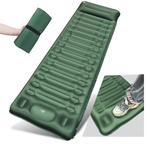 BLUEVER Camping Isomatte Selbstaufblasbare mit Fußpresse Pumpe,14cm Upgrade Campingmatte Verdickte Schlafmatte Outdoor mit Kissen für Wandern, Zelt,Outdoor,Strand,Wandern,Reise(Grün)