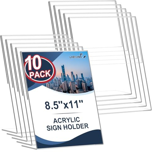 Laerjin 10 PACK Acrylic Sign Holder 8.5 x 11, L Shape Clear Plastic Paper Holder, Slanted Back Picture Frame Menu Flyer Paper Display Table Sign Holder for Restaurant, Office and Store