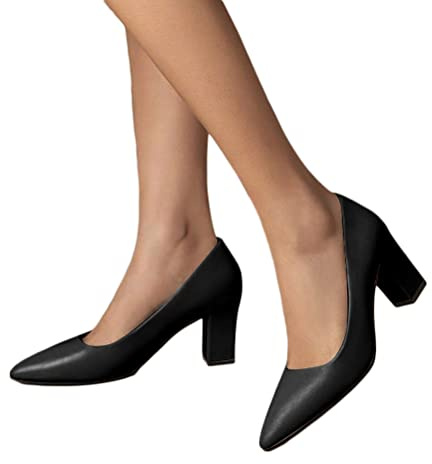 ticticlily Femmes Talon Moyen Large Cuir doublé Confort Escarpin Chaussure Bout Pointu Escarpins Femme à Talons Hauts Chunkyrayan B Noir 35 EU