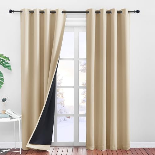 PONY DANCE Lichtundurchlässige Vorhänge Beige 2er Set H 240 x B 140 cm Verdunklungsgardine mit Ösen Doppellagige und Schwere Vorhänge gegen Hitze Thermogardinen, Biscotti Beige