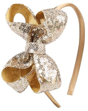 Amybasic Sparkly Sequin Hair Bow Headbands - Boutique Ribbon Bows for Girls, Kids, and Women (Gold)