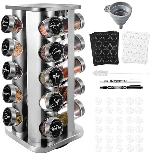 Miorkly Quadrat Gewürzregal Mit 20 Gewürzgläser Rund,360° Drehbarer Edelstahl Gewürzkarussell,Gewürz Organizer,Gewürzständer Stehend,Gewürzdosen Mit Streueinsatz,Gewürzglas, Tags,Trichter,Markierstift
